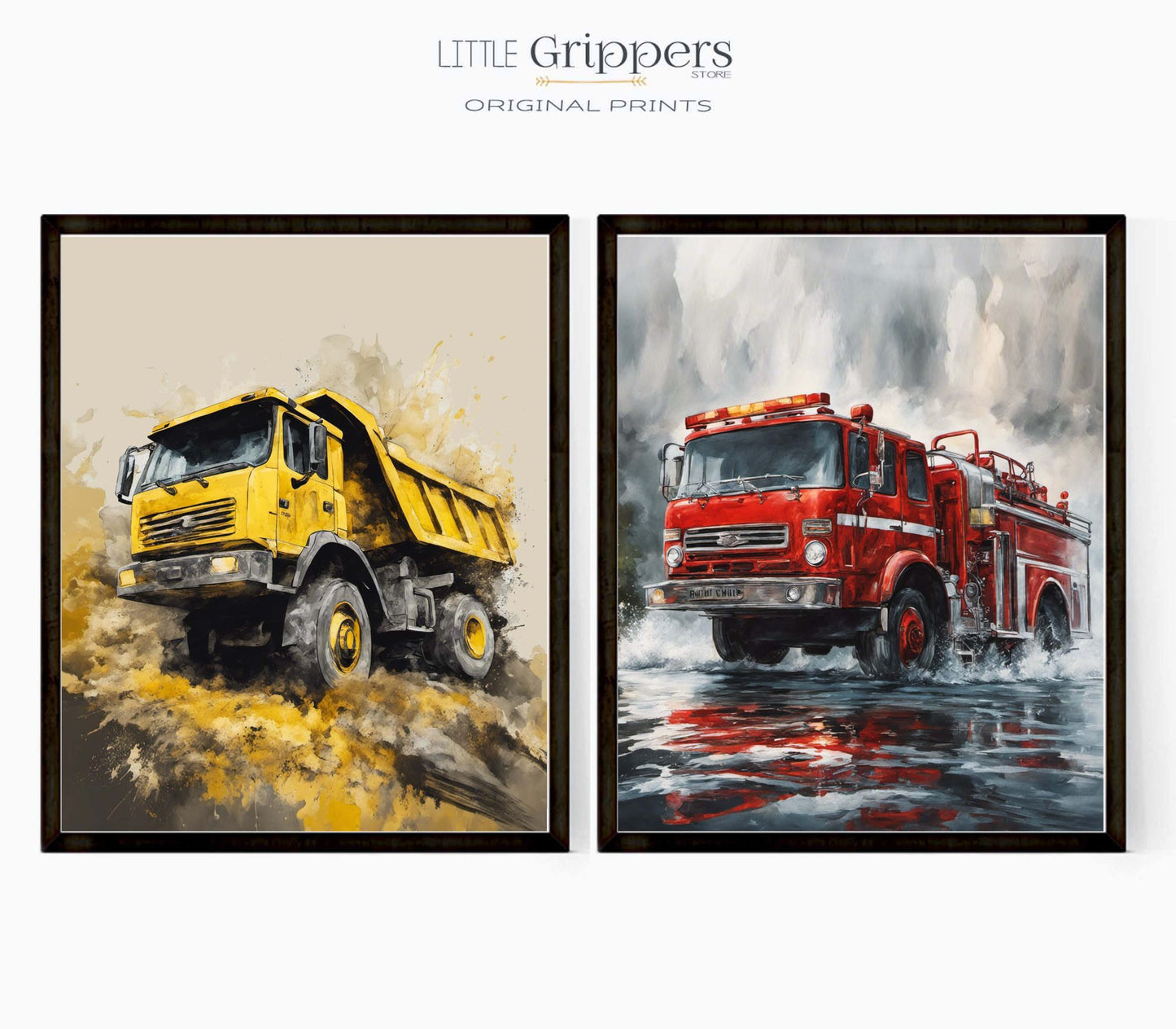 Yellow Dump Truck and Red Fire Truck Poster Set