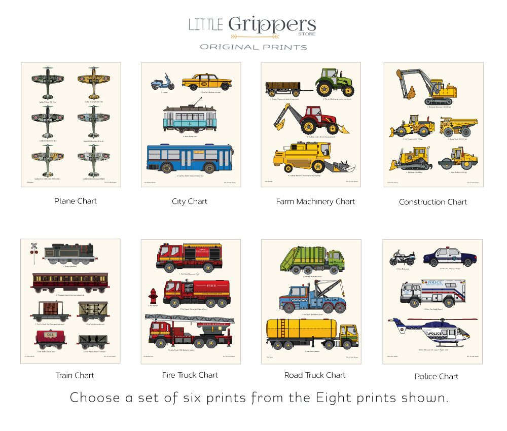 Vehicle chart print set of six