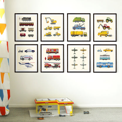 Set of eight Transport chart prints.
