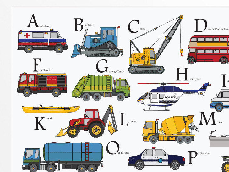 Vehicle Alphabet nursery print for kids