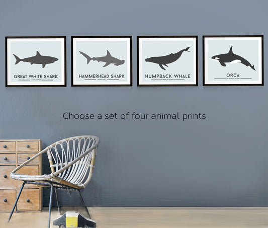 Animal wall art, set of four prints